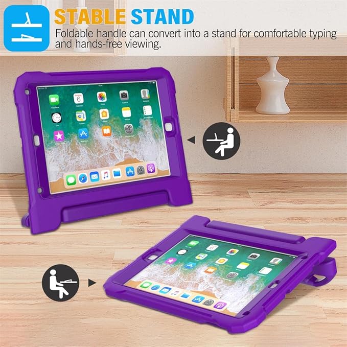 SUPLIK Kids Case for iPad 5th/6th Generation (9.7 inch, 2017/2018), iPad Air 1 & Air 2 & Pro 9.7 Case with Screen Protector, Durable Shockproof Protective Cover with Handle Stand, Purple