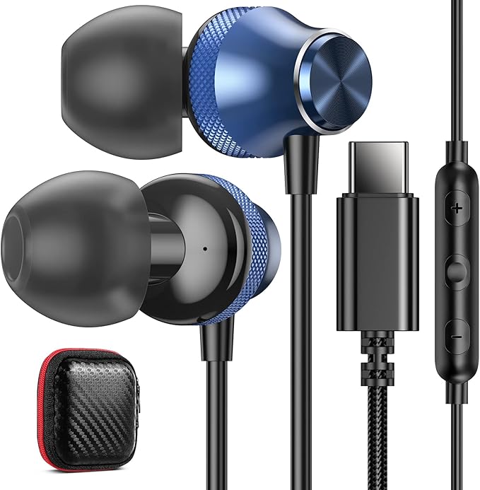 USB C Wired Earbuds for Google/Pixel 10 10a 9 8 8A 7 7A 6A for iPhone 17 17e Air 16 Pro Max 16e 15 Plus Corded Headphones for Apple/Android Type C Earphones for Samsung/Galaxy S26 S25 S24 Ultra Blue