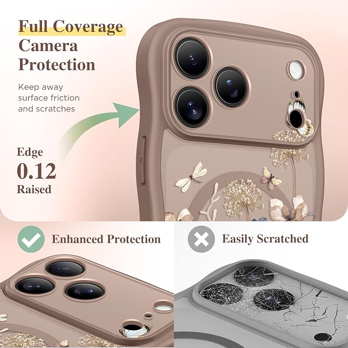 GVIEWIN for iPhone 17 Pro Max Case Compatible with MagSafe [Curly Wave Edge][Full Camera Protection] Floral Translucent Shockproof Magnetic Women Phone Case for 17 Pro Max, Autumnflit/Brown