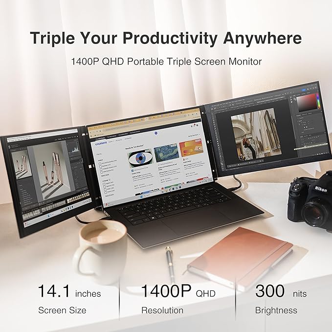 Trio 3 Pro 14.1" Mobile Pixels Portable Laptop Monitor(2026 Version), 1400p QHD Triple Monitor with Built-in Kickstand, One USB-C Cable Setup Laptop Screen Extender(Optional Magnets), Windows/macOS