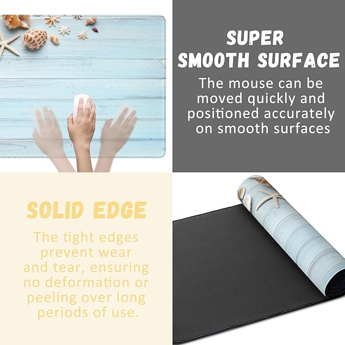 Large Mouse Pad Shells on Light Blue Wood Extended Gaming Mouse Pad Non-Slip Desk Mat with Stitched Edge Laptop Computer Keyboard Mousepad for Office Home 35.4" x 15.7"