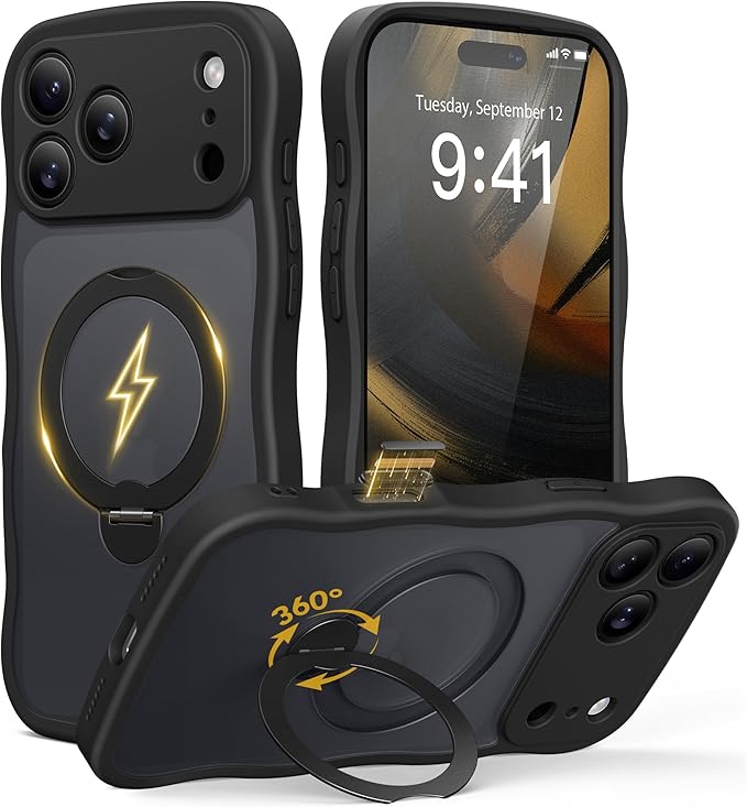 GolbinBox for iPhone 17 Pro Case for Women,[Compatible with Magsafe][360° Spin Magnetic Stand][Cute Wave Edge][Military-Grade Protection] Translucent Matte Phone Case for iPhone 17 Pro, Black