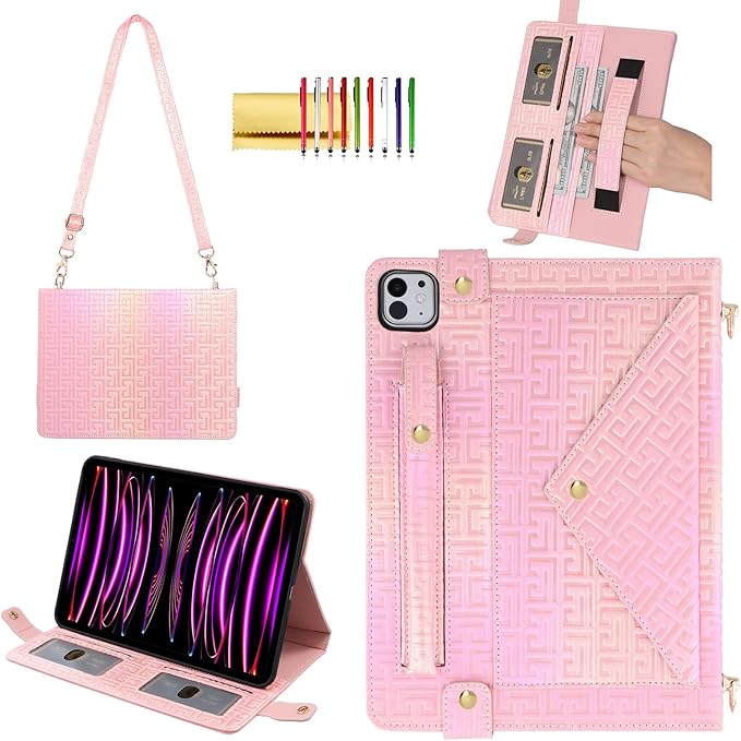 Shiny Case for iPad Pro 12.9" 6th/5th/4th Gen & iPad Air 13-inch Handbag w/Hand Strap, Techcircle Crossbody Iridescent Folio Stand Wallet Case w/Pencil Holder+Shoulder Strap, Shiny Pink