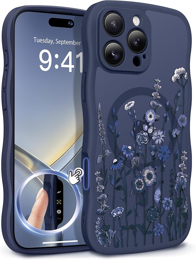 GVIEWIN for iPhone 16 Pro Max Case Compatible with MagSafe [Curly Wave Edge][Full Camera Protection] Floral Translucent Shockproof Magnetic Women Phone Case for 16 Pro Max, Floratopia/Blue
