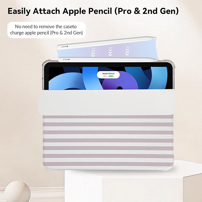 Lovmooful Compatible for iPad Air 6th 11-inch M2 (2024),iPad Air 5/4 (2022/2020 5th/4th Generation 10.9-Inch) Case with Pencil Holder Cute Striped Design Soft TPU Trifold Stand Protective-Apricot