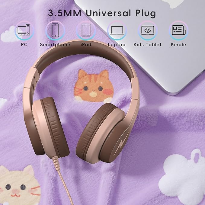 Candy Bila Kids Headphones, Wired Headphones for Kids Over Ear with Microphone, 85/94dB Volume Limiter Headphone for Girls Boys, Foldable Headphone for Learning & Entertainment, Gradient Brown