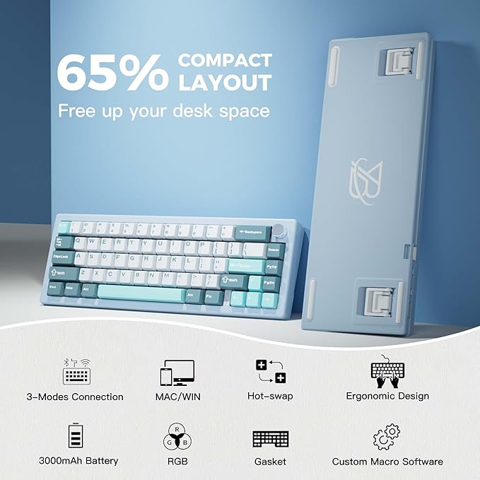 BOYI GMK67 65% Mechanical Keyboard,Hot-Swappable Bluetooth5.0/2.4G/Type-C Tri-Mode Wireless RGB Gasket Mounted Customized South-Facing LED Gaming Keyboard(Blue)