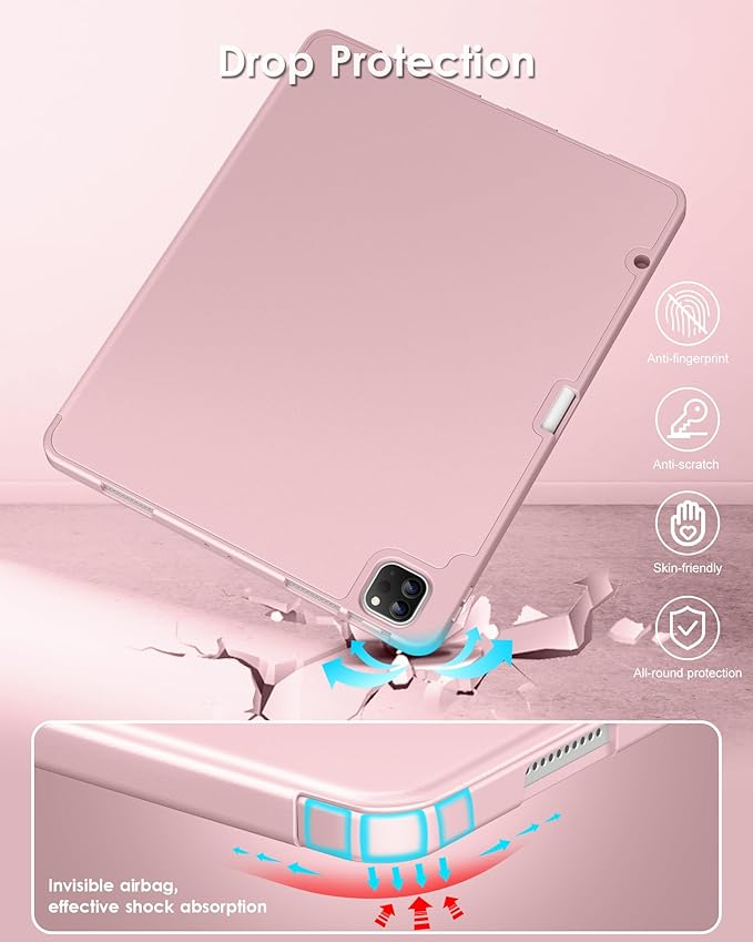 DTTO for iPad Air 13 Inch Case M4/M3/M2 2026/2025/2024, iPad Pro 12.9 Inch Case (6th/5th/4th/3rd Gen), Smart Slim Trifold Stand Soft Cover with Pencil Holder, Rose Gold