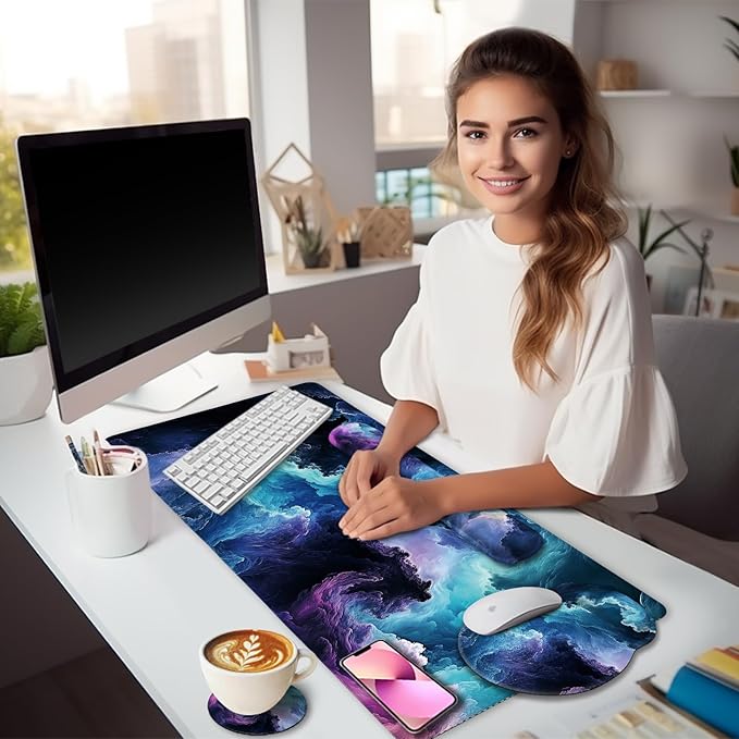 LIMKRIAN Galaxy Mouse Pad Set Large Desk Matt for Desktop, Ergonomic Mouse Pad with Wrist Rest, Gaming Mousepad Wrist Support Keyboard Mat Cup Coaster Set Cute Office Desk Decor Accessories