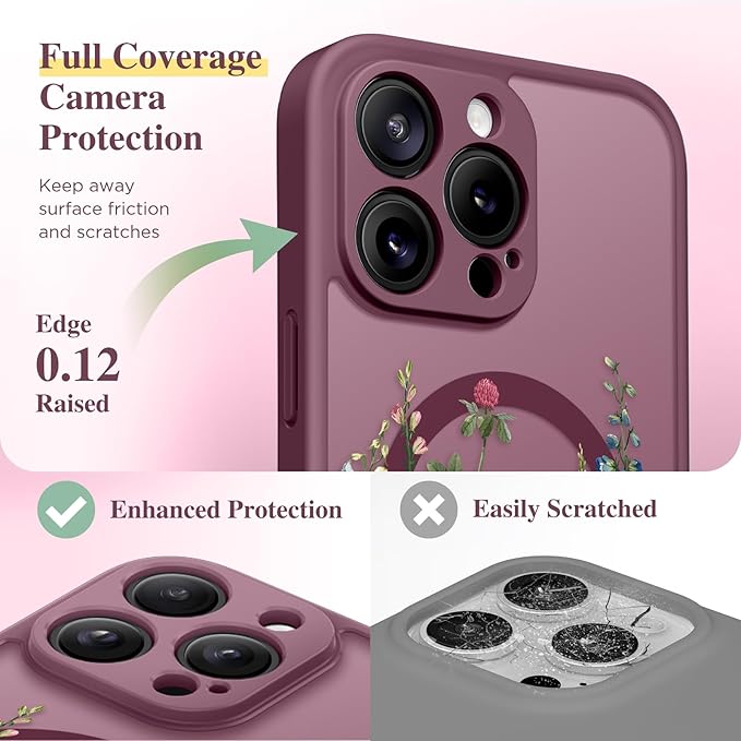 GVIEWIN for iPhone 15 Pro Case Compatible with MagSafe, [Military Grade Protection] [Screen Protector] Full Camera Protection Floral Translucent Women Magnetic Phone Case, Wild Petals/Red