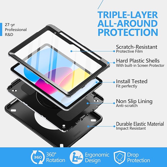 Case for iPad (A16) 11th/10th Generation Case: Protective Cover for iPad 11th Gen 11 Inch 2025 &10th Gen 10.9" 2022 with Screen Protector- Stand- Shoulder Strap- Handle- Pencil Holder-Black