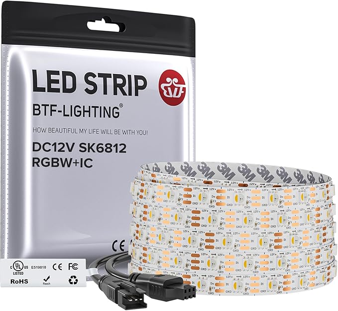 BTF-LIGHTING SK6812(Similar WS2812B) UL Listed RGBW RGB+Warm White(3000K) Individually Addressable DC12V 16.4FT 60LED/m 4 Colors in 1 Light Dream LED Strip IP30 White PCB(No Adapter or Controller)