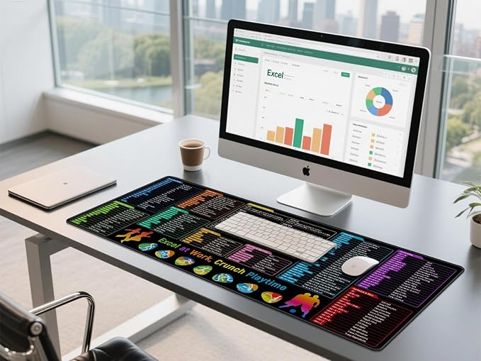JIALONG Excel Mouse Pad Shortcuts - Excel Formulas Cheat Sheet Desk Pad, Anti-Slip Large Desk Mat with Durable Stitched Edges, Big Excel Keyboard Mat for Office, Gaming, and Home