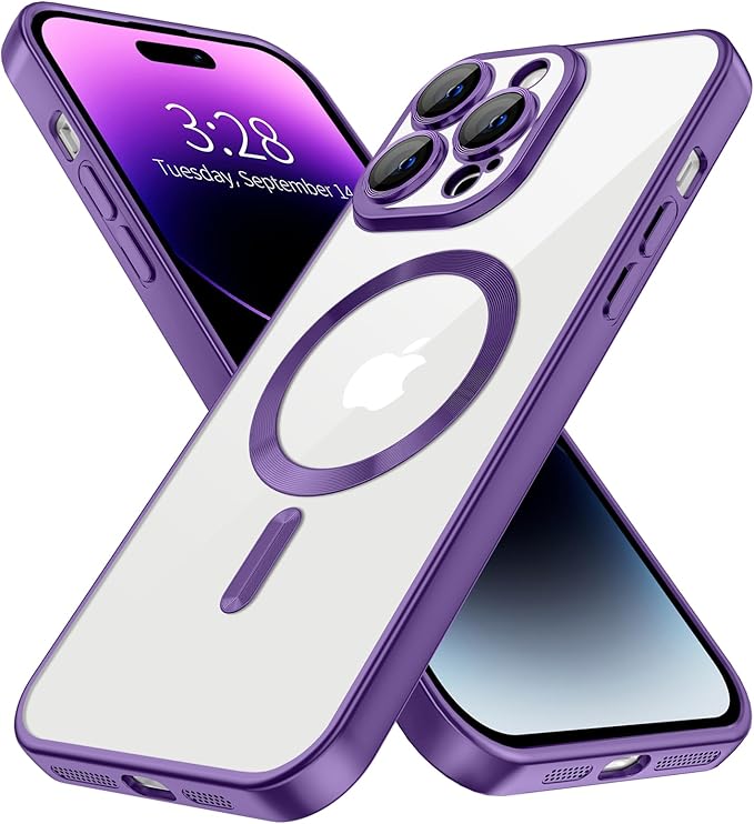 Hython Magnetic Clear for iPhone 14 Pro Case with Camera Lens Protector [Compatible with MagSafe] Luxury Plating Edge Slim Soft TPU Cover Protective Phone Case for iPhone 14 Pro 6.1", Matte Purple