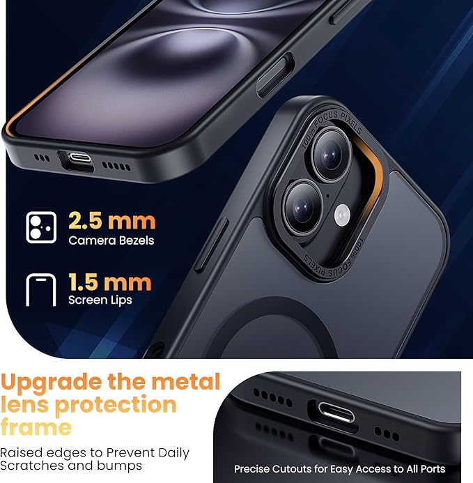 3 in 1 for iPhone 16 Plus Case Magnetic with 1X Screen Protector + 1X Camera Lens Protector [16FT Military-Grade Drop Protection] Translucent Matte Cover for iPhone 16 Plus 6.7", Black