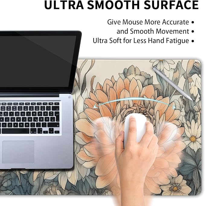 Japanese Minimalist Floral Desk Mat Vintage Botanical Flower Mouse Pad Beautiful Flowers Desk Pad 35.4”x15.7” Cute Floral Gaming Mouse Pad with Non-Slip Rubber Base Stitched Edge for Home Office Work