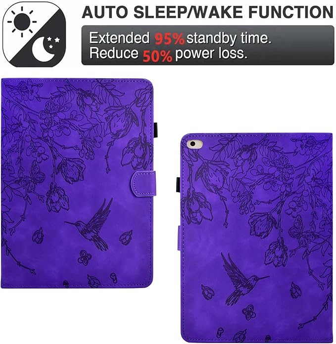 for iPad 9.7 Inch Case iPad 6th/5th Generation Case 2018 2017, Embossed Suede Leather Folio Stand Cover for iPad 9.7 inch/Pro 9.7/Air 2/Air 1, Auto Sleep/Wake, Purple Bird Flower Embossing