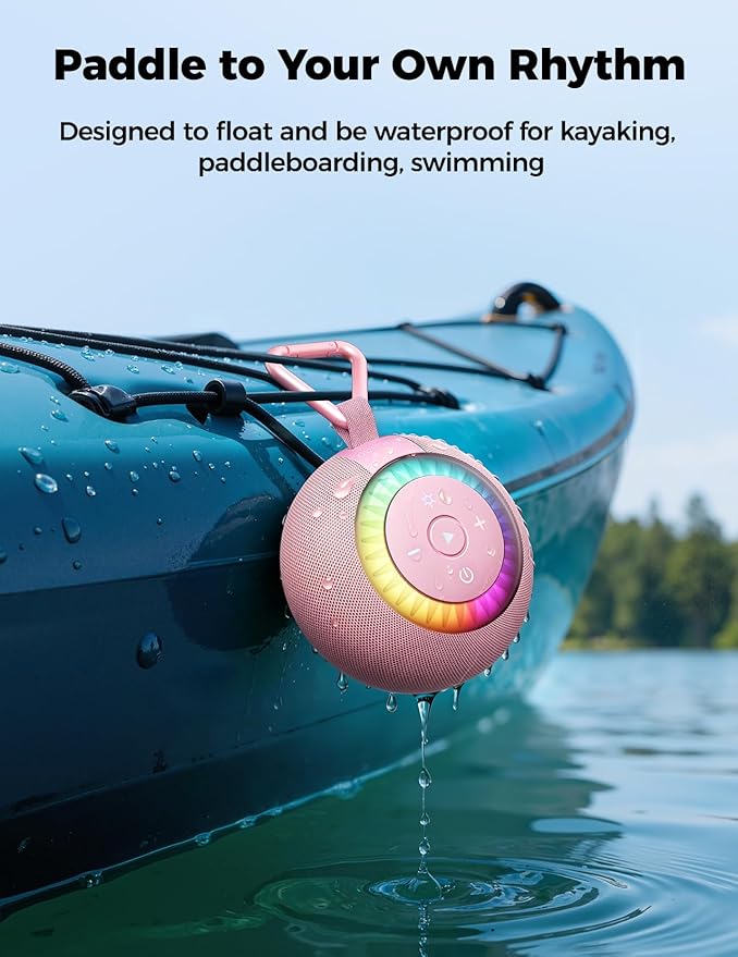 Shower Speaker Bluetooth Waterproof Portable: 360° Surround Sound, IPX7 Suction Cup Removable with Vacuum Exhaust Knob, RGB Lights, Beach/Pool/Camping/Kayak Essentials, Gifts for Mom Teens-Pink