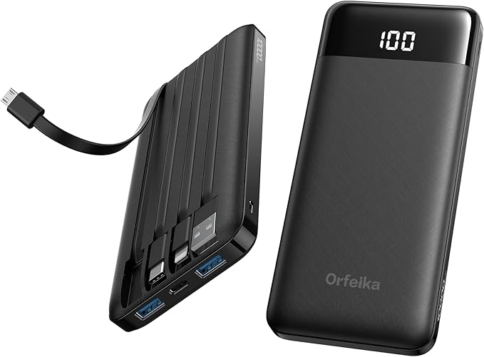Orfeika Portable Phone Charger, 10000mAh Portable Charger Power Bank with Built-in Cables, Travel Essential Battery Pack Compatible with iPhone, Samsung, Google, iPads, Tablets, etc
