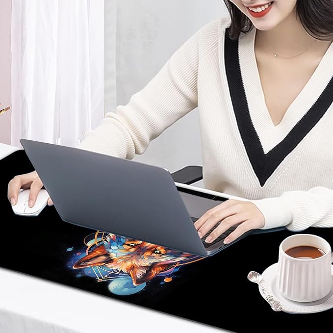 Large Mouse Pad, 31.5 x 11.8in Extended Gaming Mouse Pad with Stitched Edges, XXL Mousepad Protector Non Slip Rubber Base for Office and Home Writing Mat, Nebula Wolf Pattern Black Desk Mat