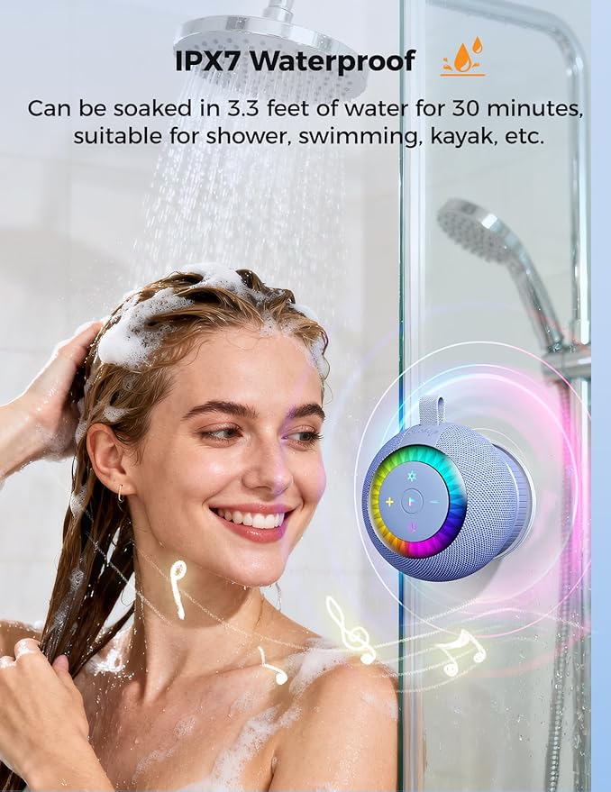 Shower Speaker Bluetooth Waterproof Portable: 360° Surround Sound, IPX7 Suction Cup Removable with Vacuum Exhaust Knob, RGB Lights, Beach/Pool/Camping/Kayak Essentials, Gifts for Mom Teens-Blue