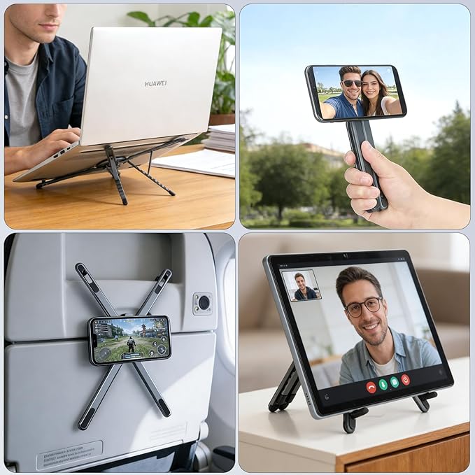 koolehaoda Portable Laptop Stand for Desk & Travel, CNC Aluminum Foldable Computer Riser Magnetic Grip Multi-Angle Support Stand for MagSafe,MacBook,iPhone,iPad, 4–16" Phones,Tablets and Laptops