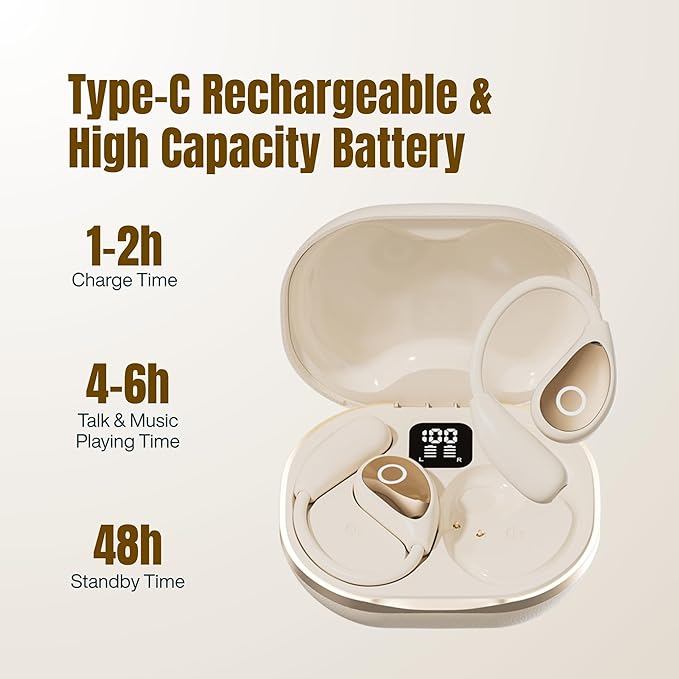 Wireless Earbuds with Ear Hooks, Over Ear Bluetooth Earbuds, Secure Fit, 60H Playtime, LED Display, IPX5 Waterproof (Beige)