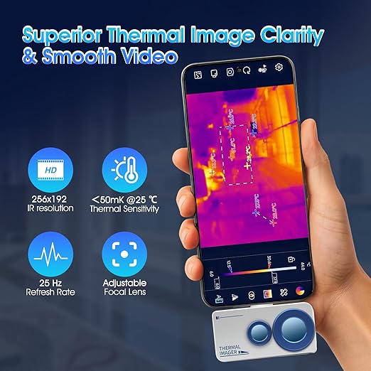 Thermal Imaging Camera Android 256x192 IR Resolution,640x480 Super Resolution Thermal Imaging Camera -15°Cto 600°C TEM Range for Smartphones(not for iOS) IP54