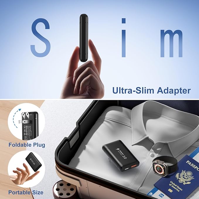 Slim Flat USB C Wall Plug, OKRAY 50W Ultra-Thin&Foldable Dual USB Charger PD30W USB-C+USB-A Fast Charging Block Multiport Travel Power Adapter for iPhone 17 Air 16 15 14 13 12 Pro,iPad, Galaxy S25 S24