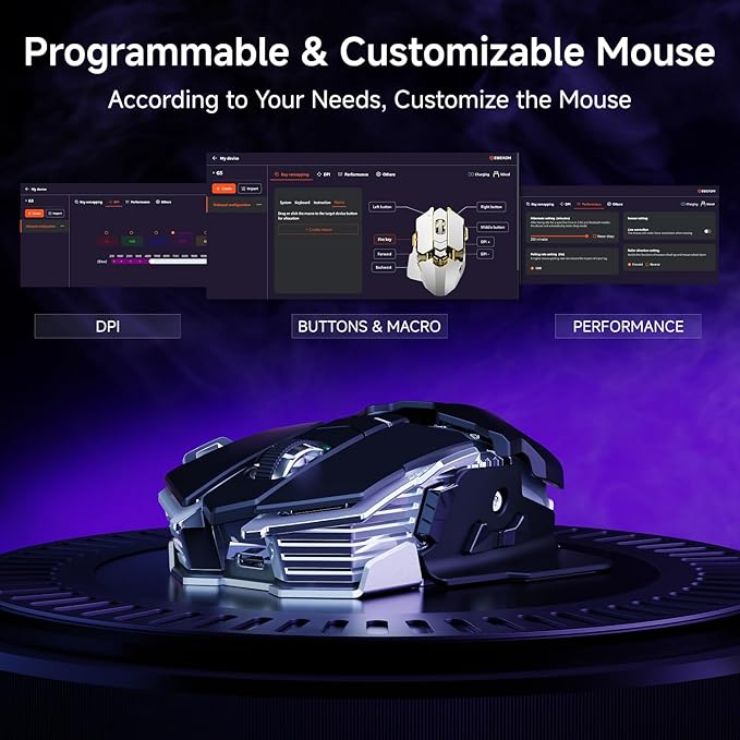 EWEADN G5 Wireless Gaming mouse, 12800 Adjustable DPI Ergonomic Mouse with 6 RGB Backlit Modes, Rapid Fire Key, 9 Programmable Macro Buttons, Rechargeable Bluetooth Mouse for PC/Mac/Laptop - Black