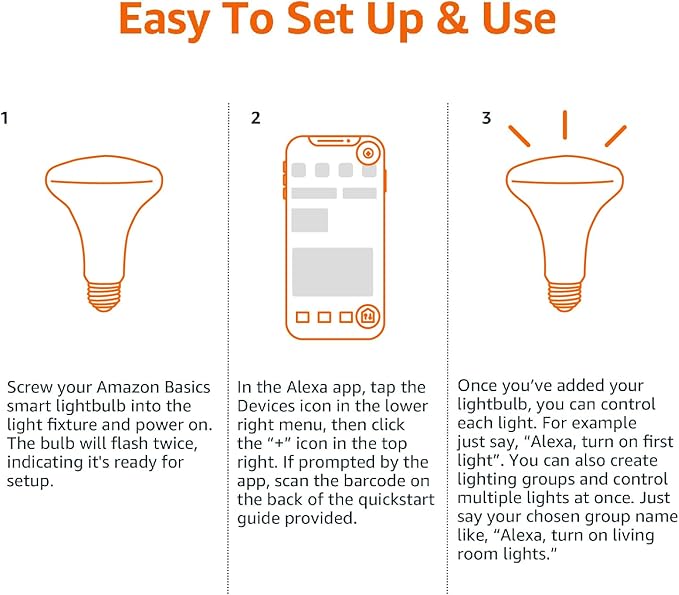 Amazon Basics Smart BR30 LED Light Bulbs, Color Changing, 9W (60W Equivalent), 800LM, Energy Efficient, Voice Control, Works with Alexa Only, 2.4 GHz Wi-Fi, No Hub Required, 4-Pack