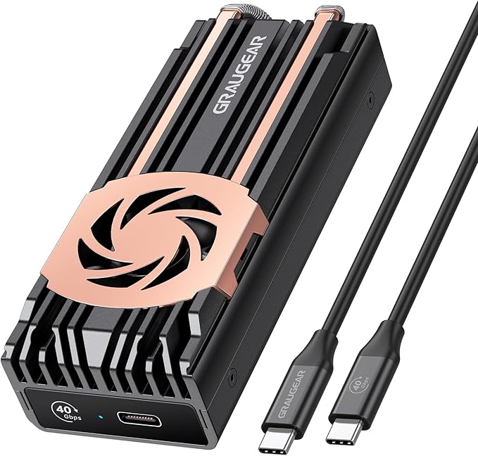 GRAUGEAR USB4 M.2 SSD Enclosure, 40Gbps NVMe SSD Enclosure with Built-in Cooling Fan and Dual-Pipe Heatsink Aluminum Case, Thunderbolt 4/3, ASM2464PD Chip