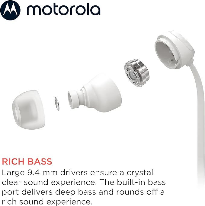Motorola Earbuds 3-S Wired Earbuds with Microphone - Corded in-Ear Headphones, Comfortable Lightweight Silicone Ear Buds, Non-Tangle Flat Cable, 9.4mm Drivers Clear Bass Sound - White