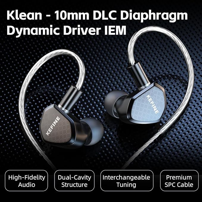 Klean in Ear Monitor, Wired Gaming Earbud, 10mm DLC Diaphragm Dynamic Driver, Wired Earbuds with Interchangeable Tuning Nozzles, HiFi IEM for Audiophile, Musician & Gaming (Black, 3.5mm)