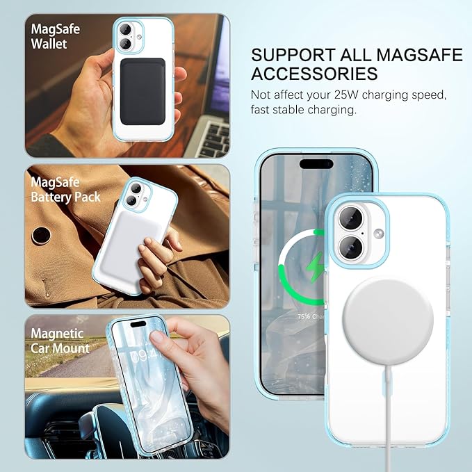 BENTOBEN Magnetic for iPhone 17 6.3" Case, Compatible with Magsafe Military Shockproof Protective Bumper Cute Transparent Slim Anti-Yellowing Women Girl Men Phone Case for iPhone 17 Cover, Clear Blue