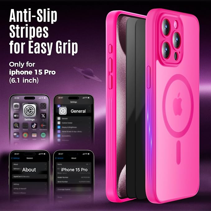 Symcele Designed for iPhone 15 Pro Case, Compatible with MagSafe, with Privacy Screen Protectors X2, [Camera Protection] [15FT Military Drop Protection] Shockpoof Phone Case, 6.1'', Hot Pink