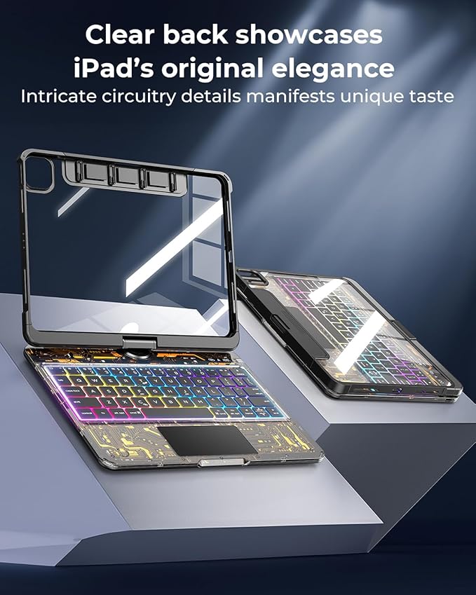 TSQQST Clear Wireless Keyboard Case for iPad Air 13 Inch (M4/M3/M2, 2026/2025/2024)/ iPad Pro 12.9" (6th/5th/4th/3rd Gen), 7-Color Backlit, Pencil Holder & Multi-Touch Trackpad, 360 Rotatable, Black