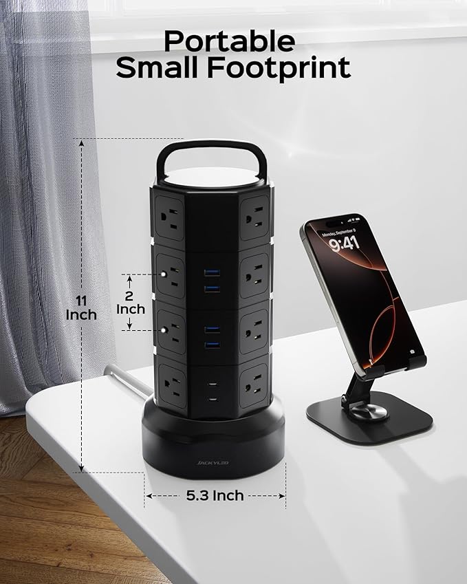 Power Strip Tower Surge Protector, JACKYLED 16 Outlets 6 USB (2 USB C) Charging Station, Extension Cord with Multiple Outlets, 1050J 1625W/13A Outlet Extender 6.5ft Extension Cord for Home Office