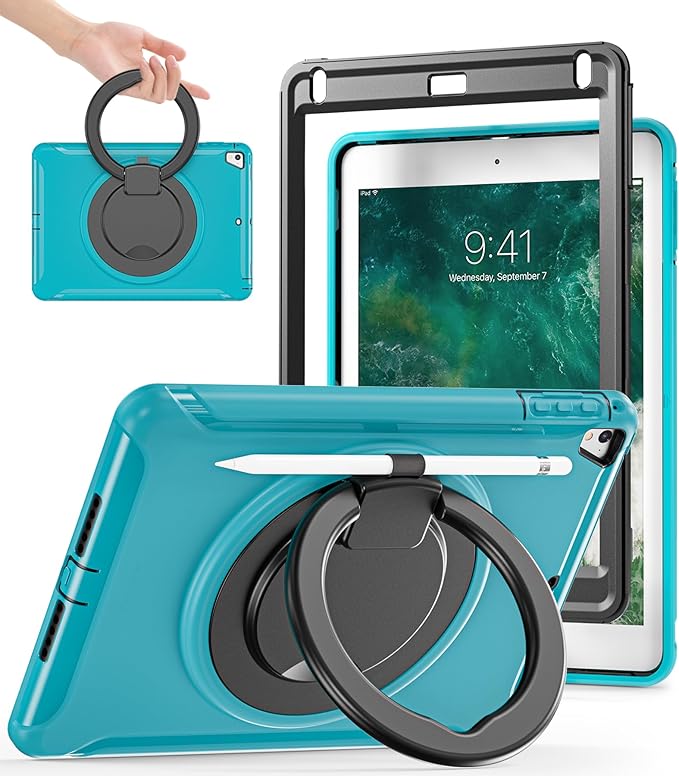 BATYUE Case for iPad 6th Generation 9.7 inch 2018, iPad 5th Gen 2017, iPad Air 2/ iPad Pro 9.7'',Shockproof Protective Cover with Pencil Holder &Rotating Kickstand for Kids,Boys,Girls, Light Blue