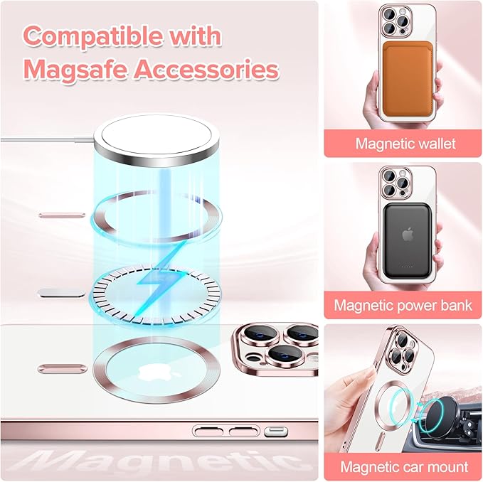 Hython Magnetic Clear for iPhone 13 Pro Max Case with Camera Lens Protector [Compatible with MagSafe] Plating Edge Slim Soft TPU Cover Protective Phone Case for iPhone 13 Pro Max 6.7", Pink