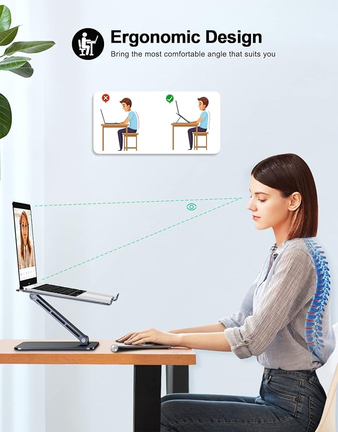 RIWUCT Foldable Laptop Stand, Height Adjustable Ergonomic Computer Stand for Desk, Aluminum Portable Laptop Riser Holder Compatible with MacBook Pro Air, HP, Dell 10-16"(Black)