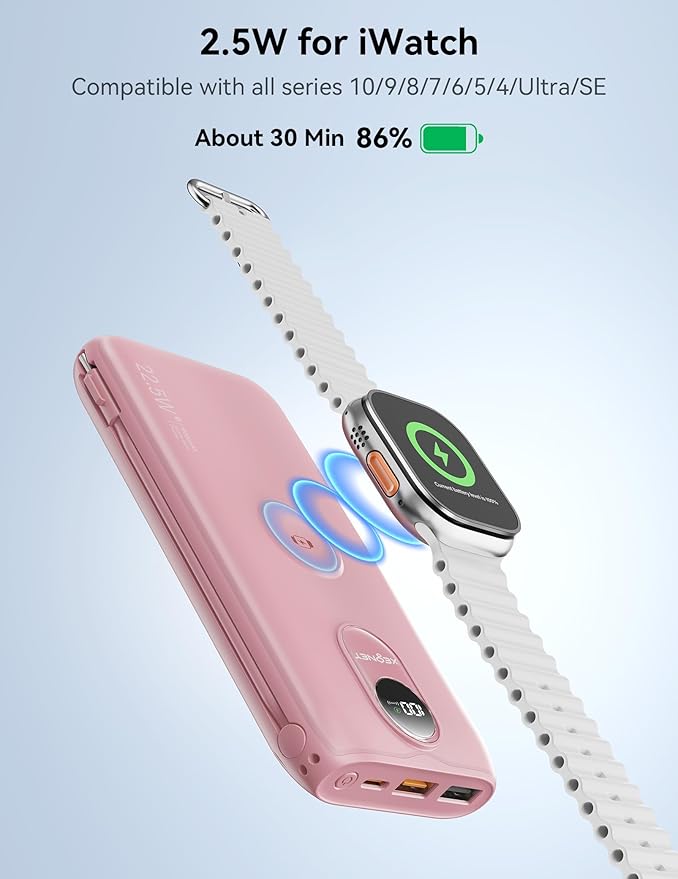 Portable Charger, 10000mAh 22.5W Power Bank Fast Charging with Wall Plug, Built-in Cables, LED Display, Compact Lightweight USB C Travel Battery Pack for iPhone 17/16, Android Cell Phone, Pad, iWatch