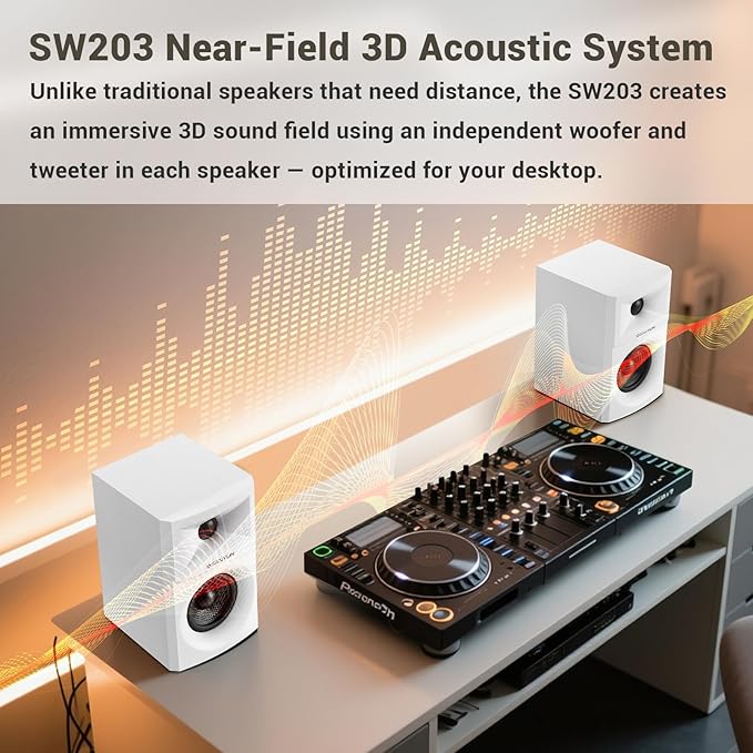 Sanyun SW203 2.0 Desktop Computer Speakers - Near-Field 3D Stereo with Vertical Imaging - 60W Triple-DSP Dual Independent Drive - 24bit USB-C DAC Bluetooth 5.4 AUX, HiFi PC Gaming (Pair, White)