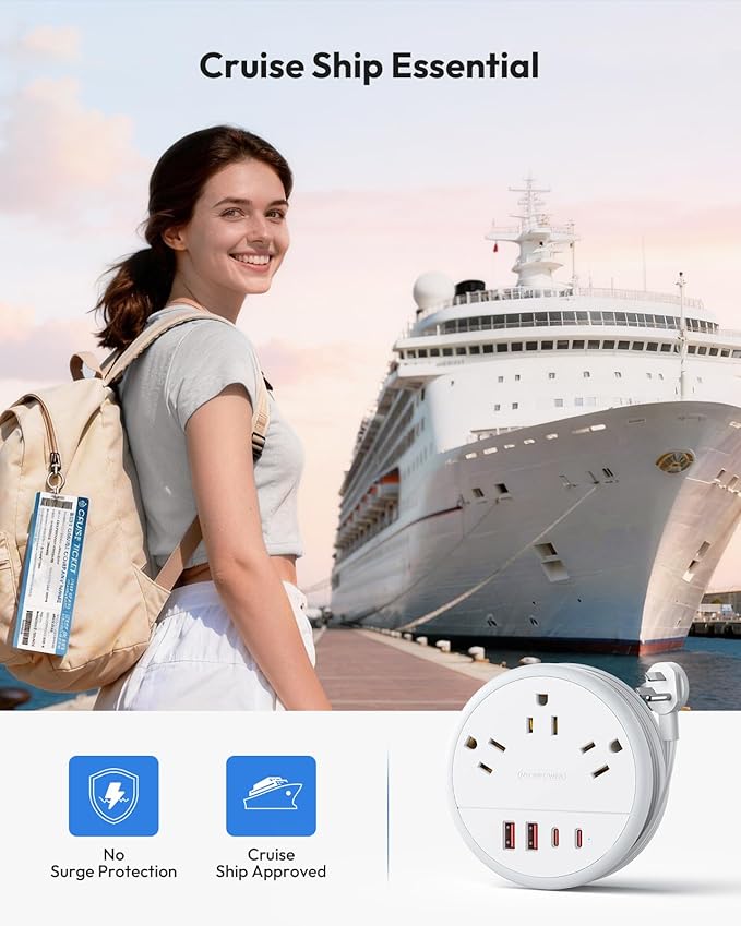 NTONPOWER Travel Power Strip 20W, Travel Essentials, Cruise Essentials 2026 3 Outlets 4 USB Ports(2 USB C), 4FT Wrapped Around Extension Cord for Travel Cruise Ship Beach Vacation Essentials