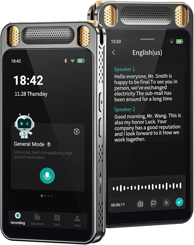 AI Voice Recorder with Playback, 5'' Large Touch Screen Digital Recorder, 13 Languages Transcription, 8 Mics Noise Reduction, 2600mAh Battery, AI Summary & Translation for Meetings, Lectures