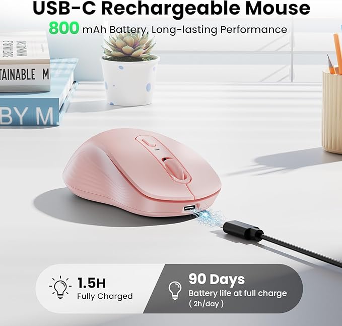 TECKNET Rechargeable Bluetooth Mouse, [ USB + BT5.0 + BT3.0 ] Wireless Mouse, Ergonomic Design, Silent Click, 6-Level 4800 DPI Wireless Mice, 3-Device Switching for Laptop, Computer, MacBook（Pink）