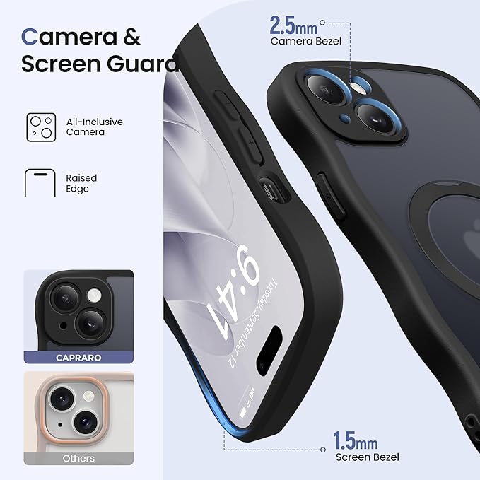 CAPRARO for iPhone 15 Case with 360° Spin Magnetic Stand for Women, [Compatible with MagSafe] [Full Camera Protection] Cute Wave Translucent Matte Case for iPhone 15, Black