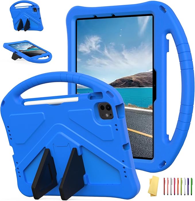 Kids Case for iPad Air 11 inch M4/M3/M2 (2026/2025/2024) with Pencil Holder/Shockproof Handle/Kickstand/Slim Lightweight Soft EVA Foam Folio Stand Tablet Protective Girls Boys Cover, Blue