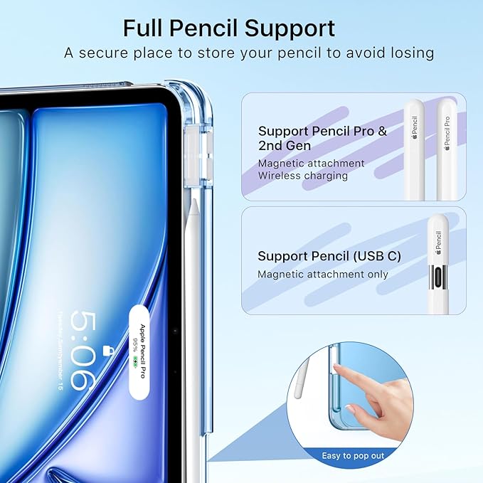 MoKo for iPad Air 11 inch Case (M4/M3/M2) 2026/2025/2024, iPad Air 5th/4th Gen 10.9 inch Case 2022/2020 with Pencil Holder, Slim Light Trifold Cover with Hard PC Translucent Back Shell, Blue Wave