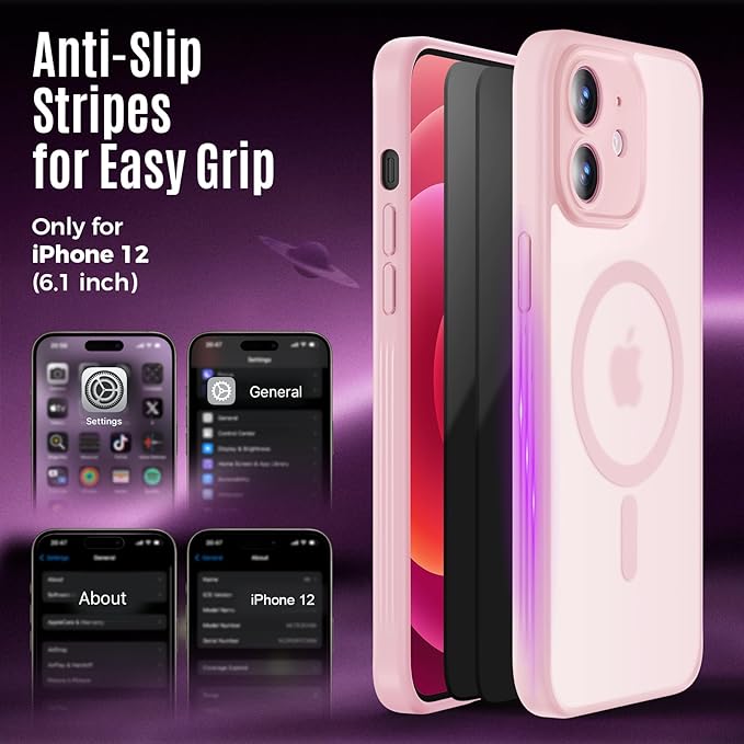 Symcele Designed for iPhone 12 Case, Compatible with MagSafe, with Privacy Screen Protectors X2, [Camera Protection] [15FT Military Drop Protection] Shockproof Phone Case, 6.1", Pink